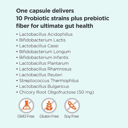Omax3 Probiotic & Prebiotic 50B CFU - 10 Strains, Vegan + Chicory Inulin