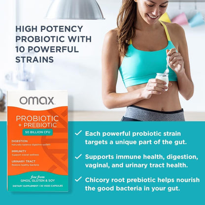 Omax3 Probiotic & Prebiotic 50B CFU - 10 Strains, Vegan + Chicory Inulin