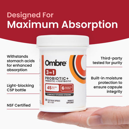 Ombre 3-in-1 Probiotic, Prebiotic and Postbiotic - 45B CFU | 30 Day Supply