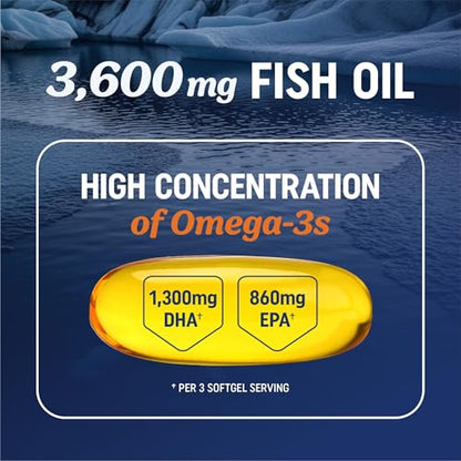 Triple Strength Omega-3 Fish Oil 3600 mg | EPA & DHA | 180 Ct | Burpless