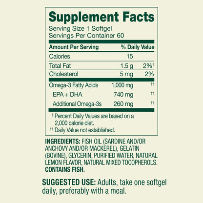 Omega-3 Fish Oil 1000mg Softgels – 60 Count – Brain & Immune Support – Lemon Flavor
