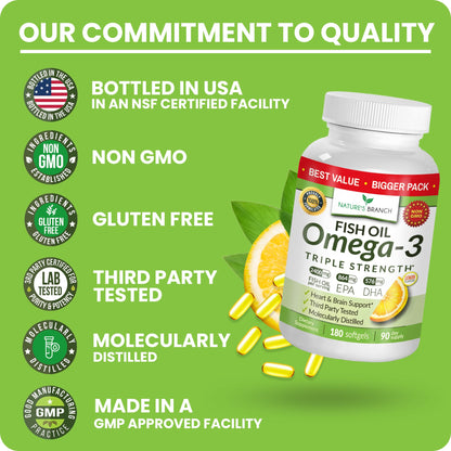 Triple Strength Omega-3 Fish Oil Pills — 180 Softgels, 2400mg, Burpless Lemon