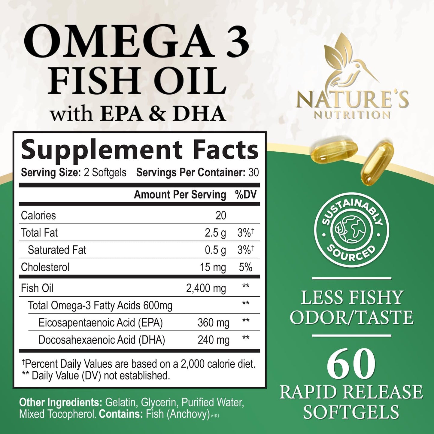 Omega-3 Fish Oil 2400 mg - Triple Strength EPA & DHA - Burpless Lemon (60 Softgels)
