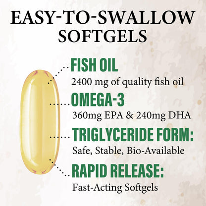 Omega-3 Fish Oil 2400 mg - Triple Strength EPA & DHA - Burpless Lemon (60 Softgels)