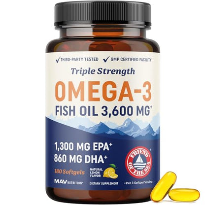 Triple Strength Omega-3 Fish Oil 3600 mg | EPA & DHA | 180 Ct | Burpless
