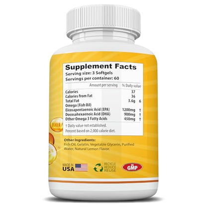 Omega 3 Fish Oil 3750mg Triple Strength – EPA 1200mg + DHA 900mg | Burpless Softgels