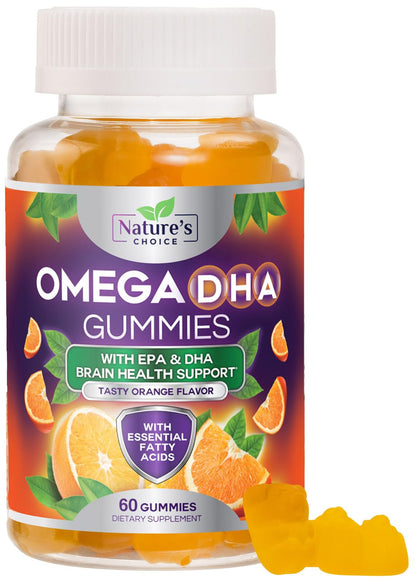 Omega 3 Fish Oil Gummies - Triple Strength DHA & EPA - Orange Flavor, 60 Gummies | Heart, Brain & Joint Health