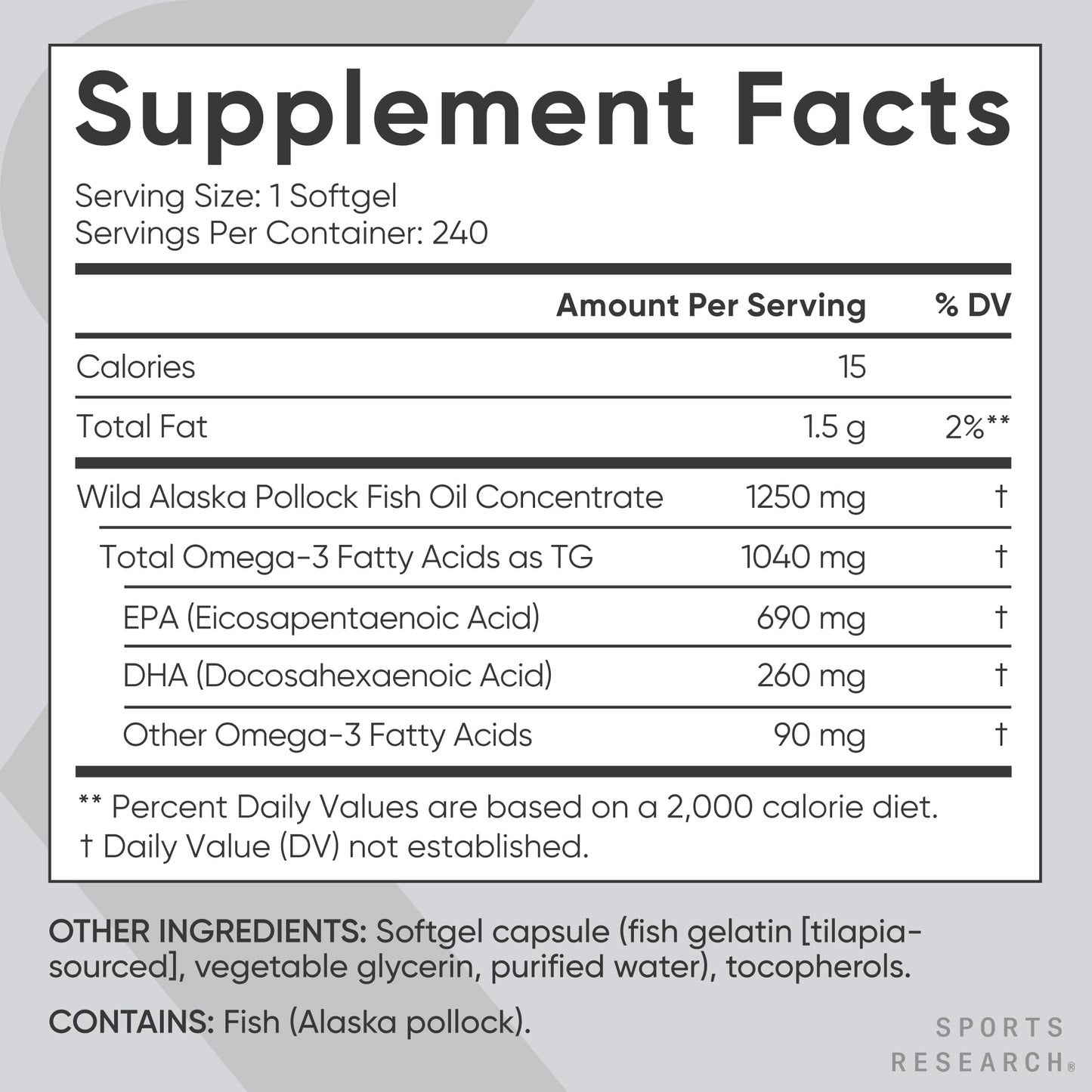 Sports Research Triple Strength Omega-3 Fish Oil - Burpless 1250 mg, 240 Softgels | Wild Alaska Pollock, EPA & DHA