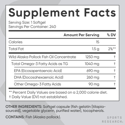 Sports Research Triple Strength Omega-3 Fish Oil - Burpless 1250 mg, 240 Softgels | Wild Alaska Pollock, EPA & DHA