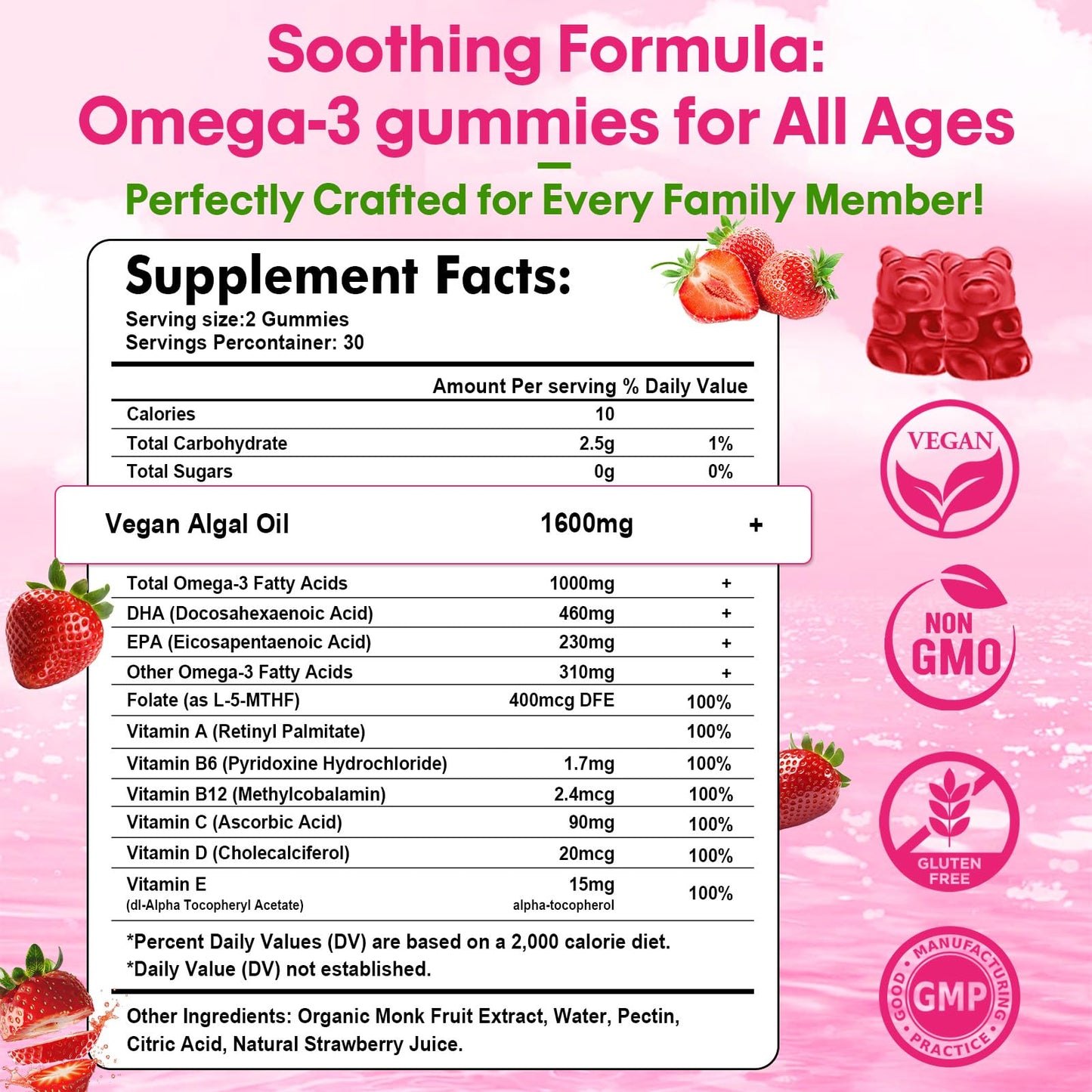 Algae Omega-3 Gummies (DHA & EPA) – Vegan, Sugar-Free, Strawberry, 60 Count