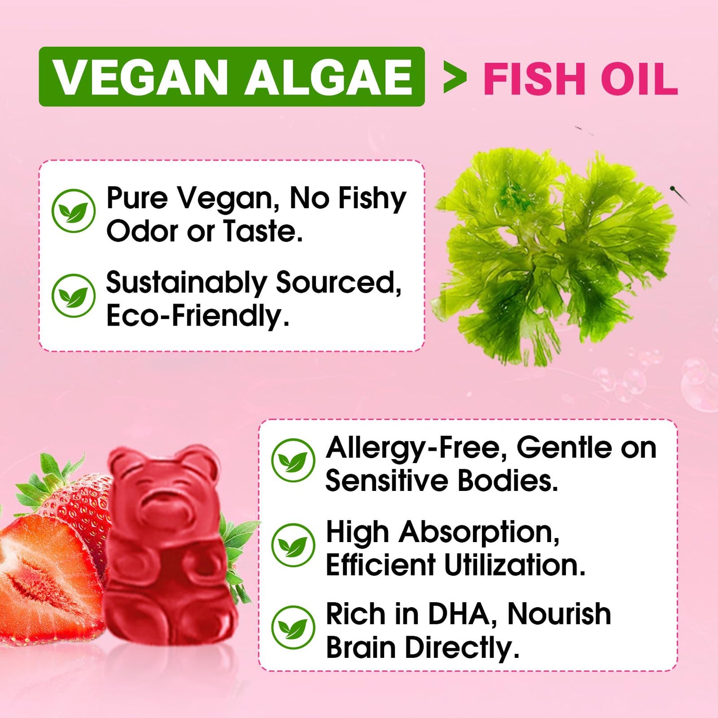Algae Omega-3 Gummies (DHA & EPA) – Vegan, Sugar-Free, Strawberry, 60 Count