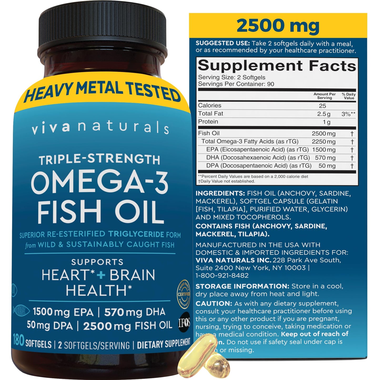 Triple Strength Omega-3 Fish Oil 2500 mg | 180 Softgels | EPA/DHA