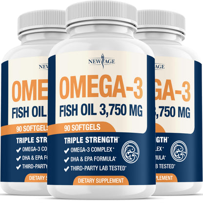 NEW AGE Triple Strength Omega 3 Fish Oil 3750 mg – 1350 mg EPA + 900 mg DHA | 270 Softgels