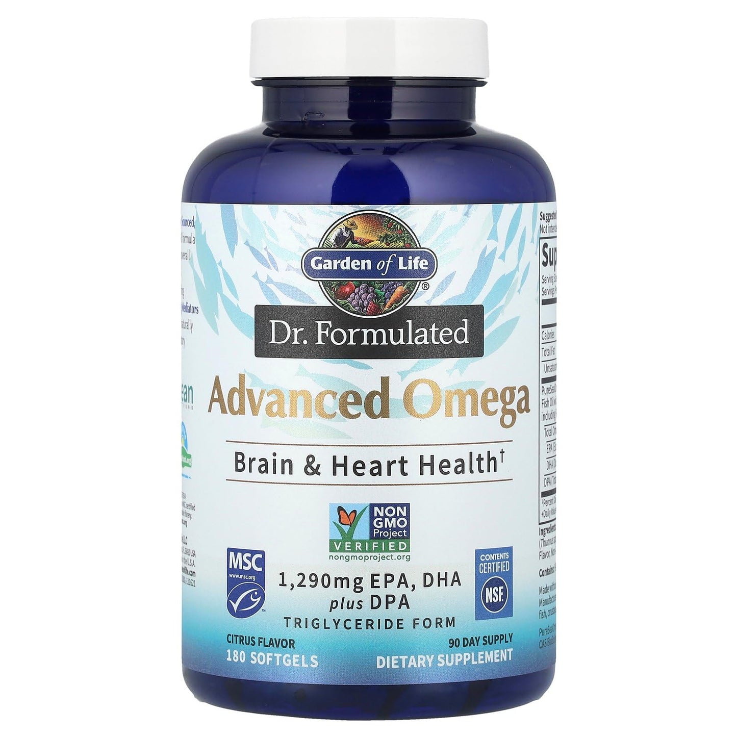 Garden of Life Dr. Formulated Advanced Omega Fish Oil - Lemon | 1,290 mg Omega-3 (EPA 695 mg, DHA 465 mg, DPA 30 mg), TG Form, 180 Softgels