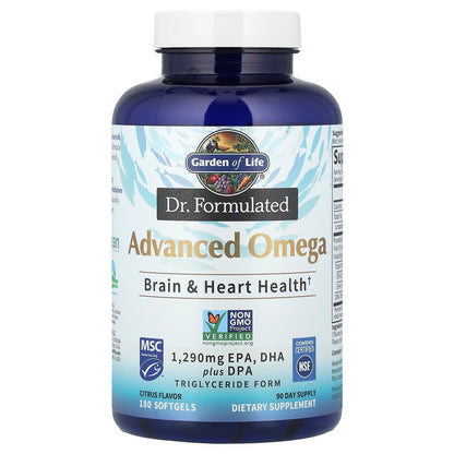 Garden of Life Dr. Formulated Advanced Omega Fish Oil - Lemon | 1,290 mg Omega-3 (EPA 695 mg, DHA 465 mg, DPA 30 mg), TG Form, 180 Softgels
