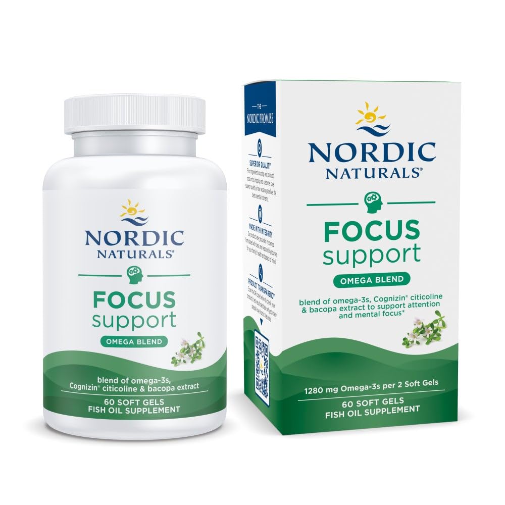 Nordic Naturals Omega Focus, Lemon | 60 Soft Gels – 1280 mg Omega-3 + Citicoline & Bacopa Monnieri
