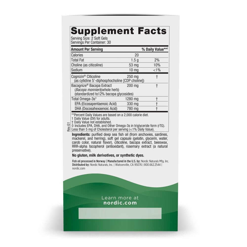 Nordic Naturals Omega Focus, Lemon | 60 Soft Gels – 1280 mg Omega-3 + Citicoline & Bacopa Monnieri