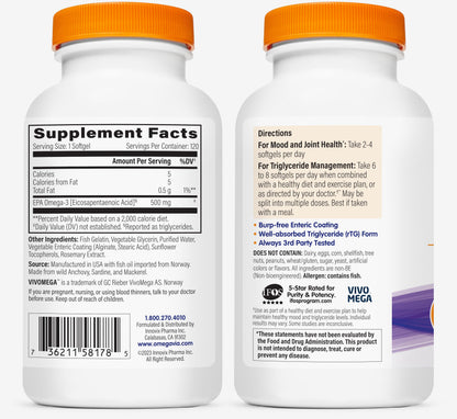 OmegaVia EPA 500 — Purified Omega-3 EPA (Triglyceride), Burpless Fish Oil, IFOS 5★, 120 Softgels