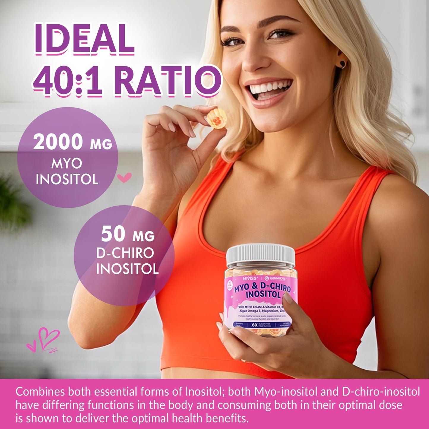 2 Pack Myo-Inositol & D-Chiro Inositol for Hormone Balance – Sugar Free Gummies (40:1) – Vegan