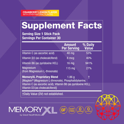 MemoryXL: Magnesium L-Threonate for Focus & Memory — Cranberry Lemon, 30-Stick Pack | OmegaXL