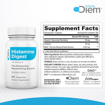 Omne Diem DAO 30,000 HDU – Histamine Digestive Enzyme | 60 Vegetarian Capsules