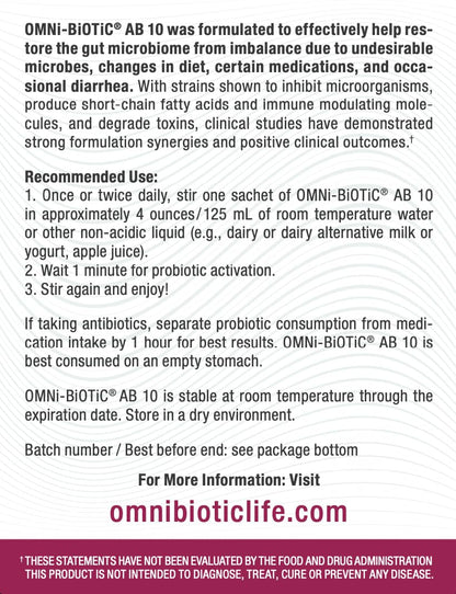 OMNi BiOTiC AB 10 – Clinically Tested Restorative Probiotic for Gut Flora & Digestion (30 Daily Packets) – Vegan, Hypoallergenic, Non-GMO