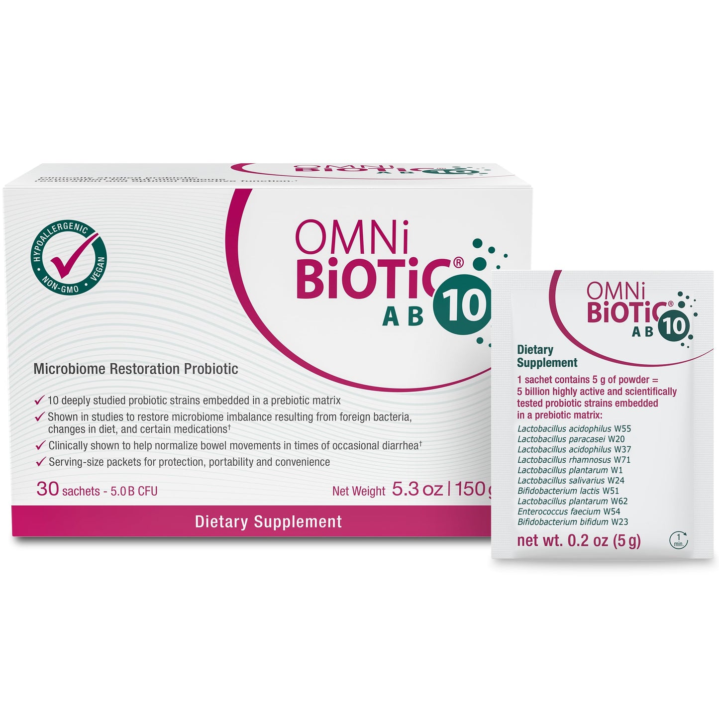 OMNi BiOTiC AB 10 – Clinically Tested Restorative Probiotic for Gut Flora & Digestion (30 Daily Packets) – Vegan, Hypoallergenic, Non-GMO