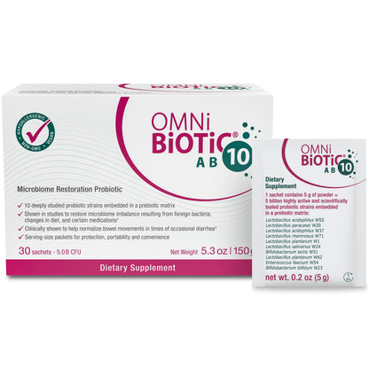 OMNi BiOTiC AB 10 – Clinically Tested Restorative Probiotic for Gut Flora & Digestion (30 Daily Packets) – Vegan, Hypoallergenic, Non-GMO