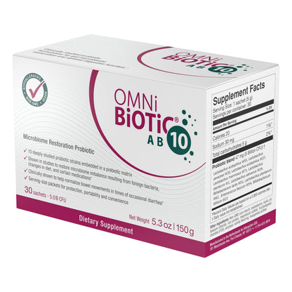 OMNi BiOTiC AB 10 – Clinically Tested Restorative Probiotic for Gut Flora & Digestion (30 Daily Packets) – Vegan, Hypoallergenic, Non-GMO
