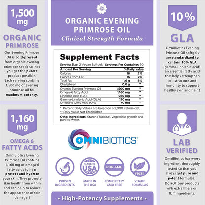 OmniBiotics Organic Evening Primrose Oil 1500mg – Cold-Pressed, 10% GLA, Non-GMO, 120 Vegan Softgel Capsules