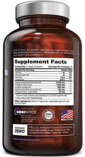 OmniBiotics Organic Evening Primrose Oil 1500mg – Cold-Pressed, 10% GLA, Non-GMO, 120 Vegan Softgel Capsules