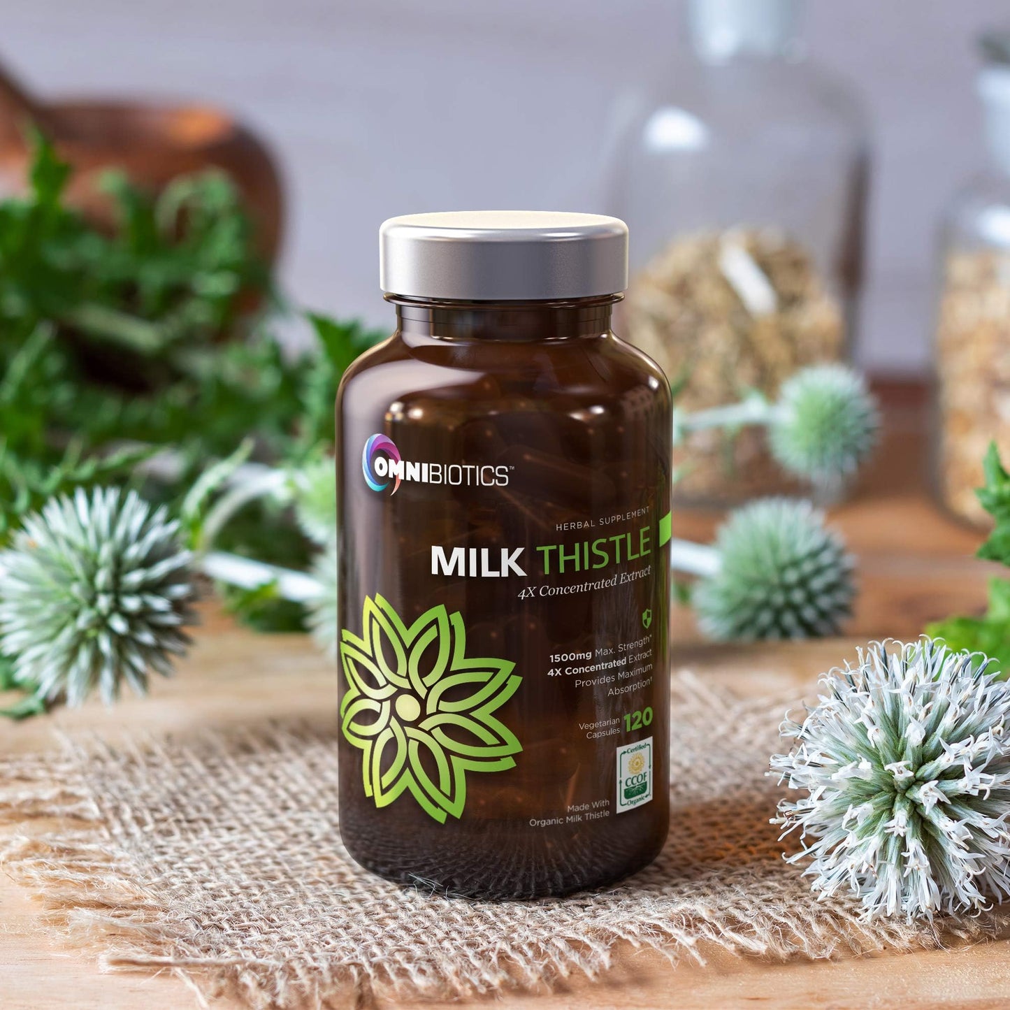 OmniBiotics Organic Milk Thistle 1500mg | 4X Concentrated Extract | 120 Vegan Capsules
