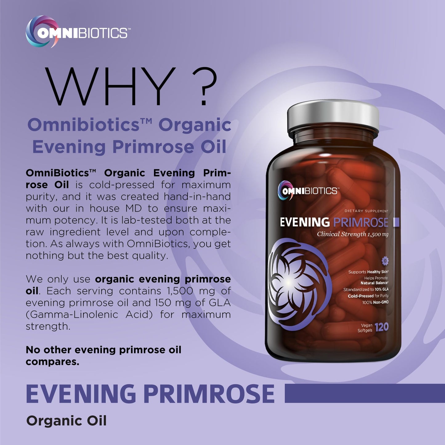 OmniBiotics Organic Evening Primrose Oil 1500mg – Cold-Pressed, 10% GLA, Non-GMO, 120 Vegan Softgel Capsules