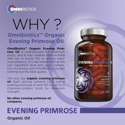 OmniBiotics Organic Evening Primrose Oil 1500mg – Cold-Pressed, 10% GLA, Non-GMO, 120 Vegan Softgel Capsules