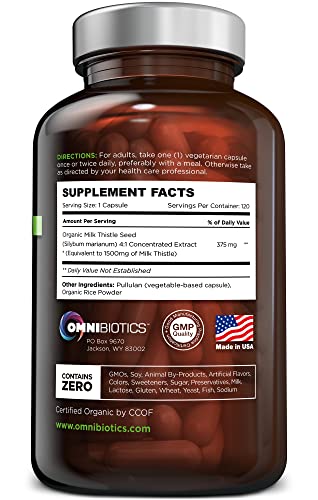 OmniBiotics Organic Milk Thistle 1500mg | 4X Concentrated Extract | 120 Vegan Capsules