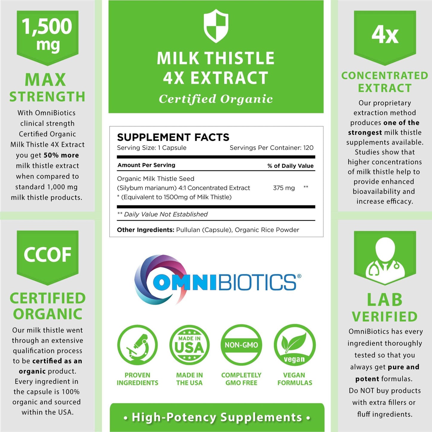 OmniBiotics Organic Milk Thistle 1500mg | 4X Concentrated Extract | 120 Vegan Capsules