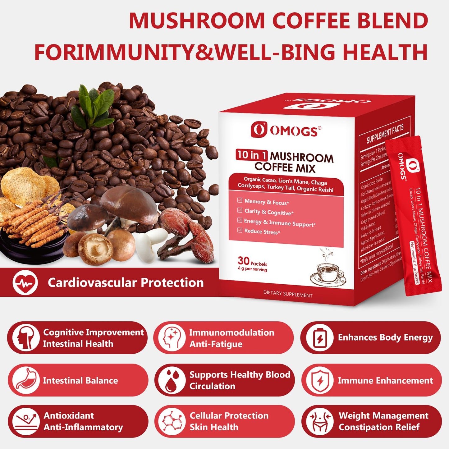 OMOGS Mushroom Coffee – 10-in-1 Extract (Lion's Mane, Reishi, Cordyceps) 30 Servings