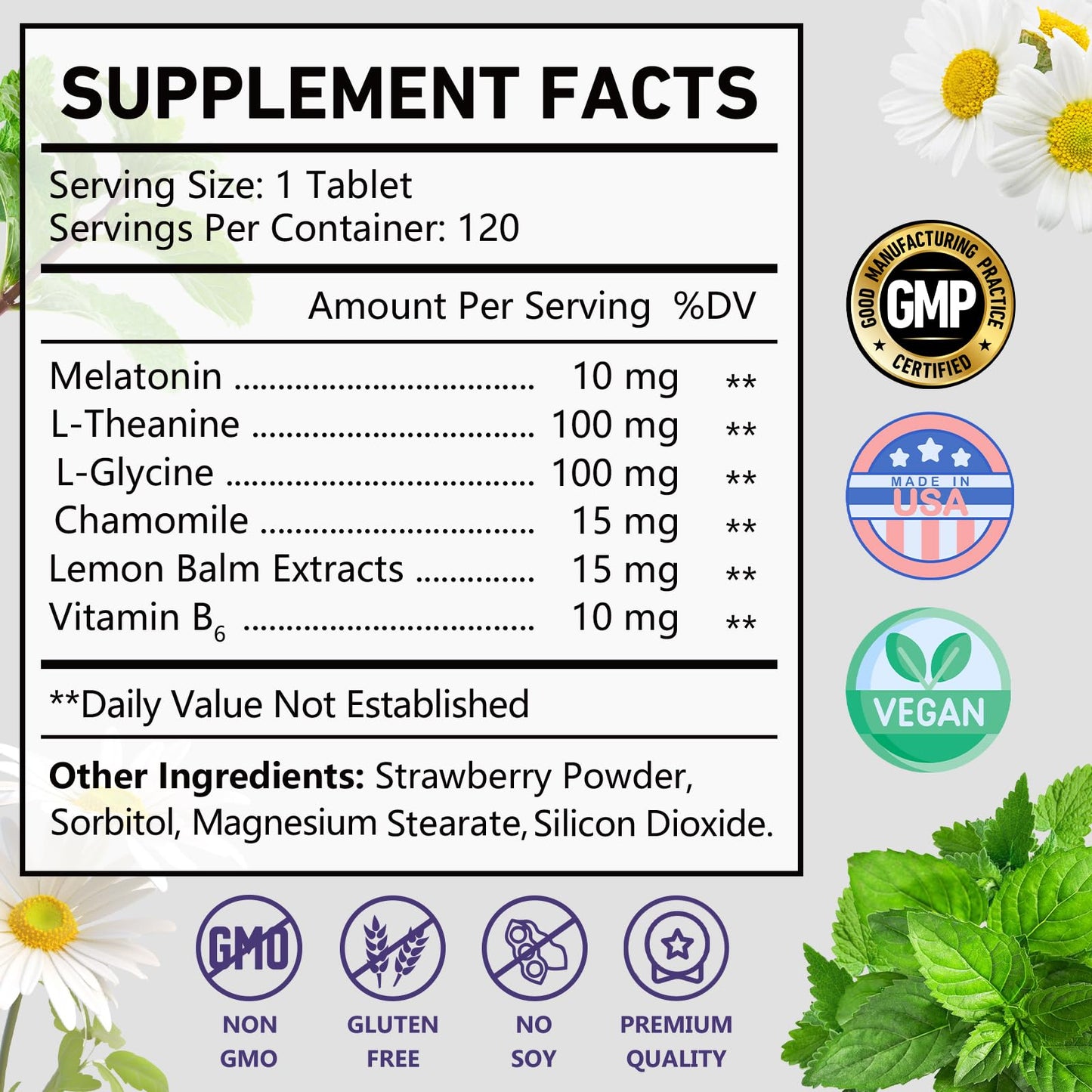 OMOGS Melatonin Sleep Supplements - Fast-Dissolve 10mg with L-Theanine, L-Glycine & Vitamin B, Strawberry Flavor, 120-Day Supply