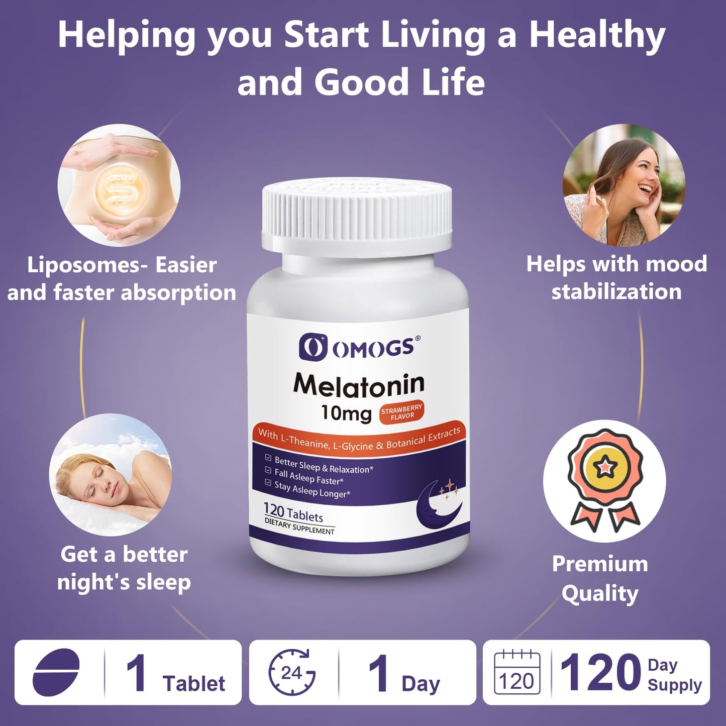 OMOGS Melatonin Sleep Supplements - Fast-Dissolve 10mg with L-Theanine, L-Glycine & Vitamin B, Strawberry Flavor, 120-Day Supply