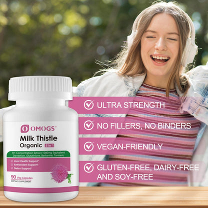 OMOGS Organic Milk Thistle Liver Support - 90 Capsules | Detox and Repair