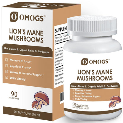 OMOGS Mushroom Complex Supplement Capsules 10:1 Extract, Lions Mane Supplement with Cordyceps, Reishi, for Brain Health, Memory Support, Focus & Immune System