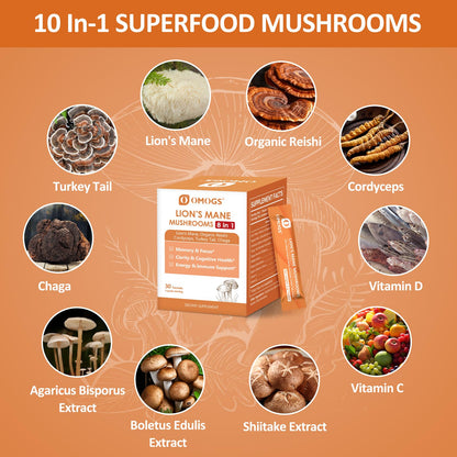 OMOGS Organic Mushroom Complex Powder Blend – Lion's Mane, Reishi, Cordyceps, Turkey Tail for Brain Health & Focus