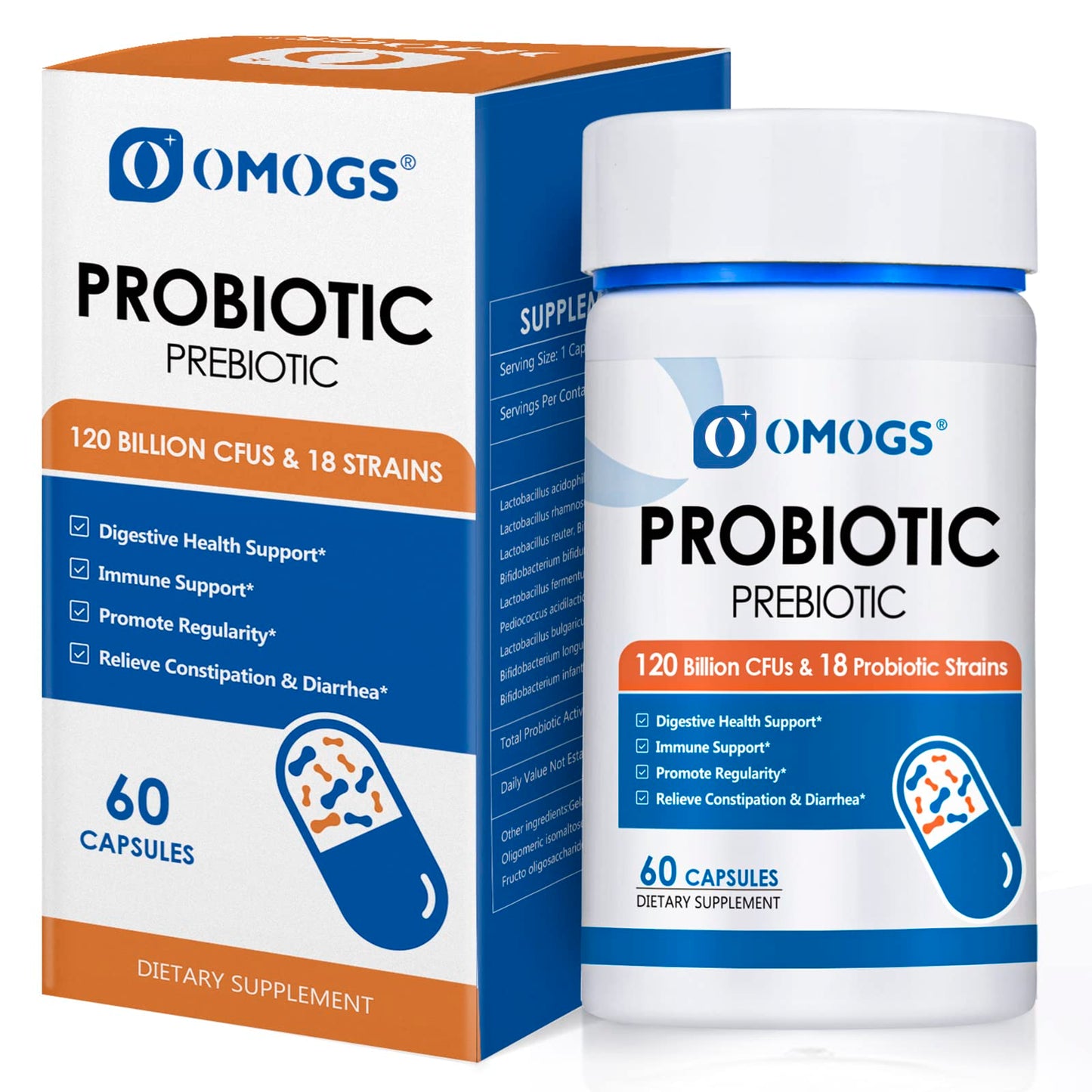 OMOGS Probiotics 120B CFUs – 18 Strains, 3 Prebiotics & Digestive Enzymes, 60 Capsules
