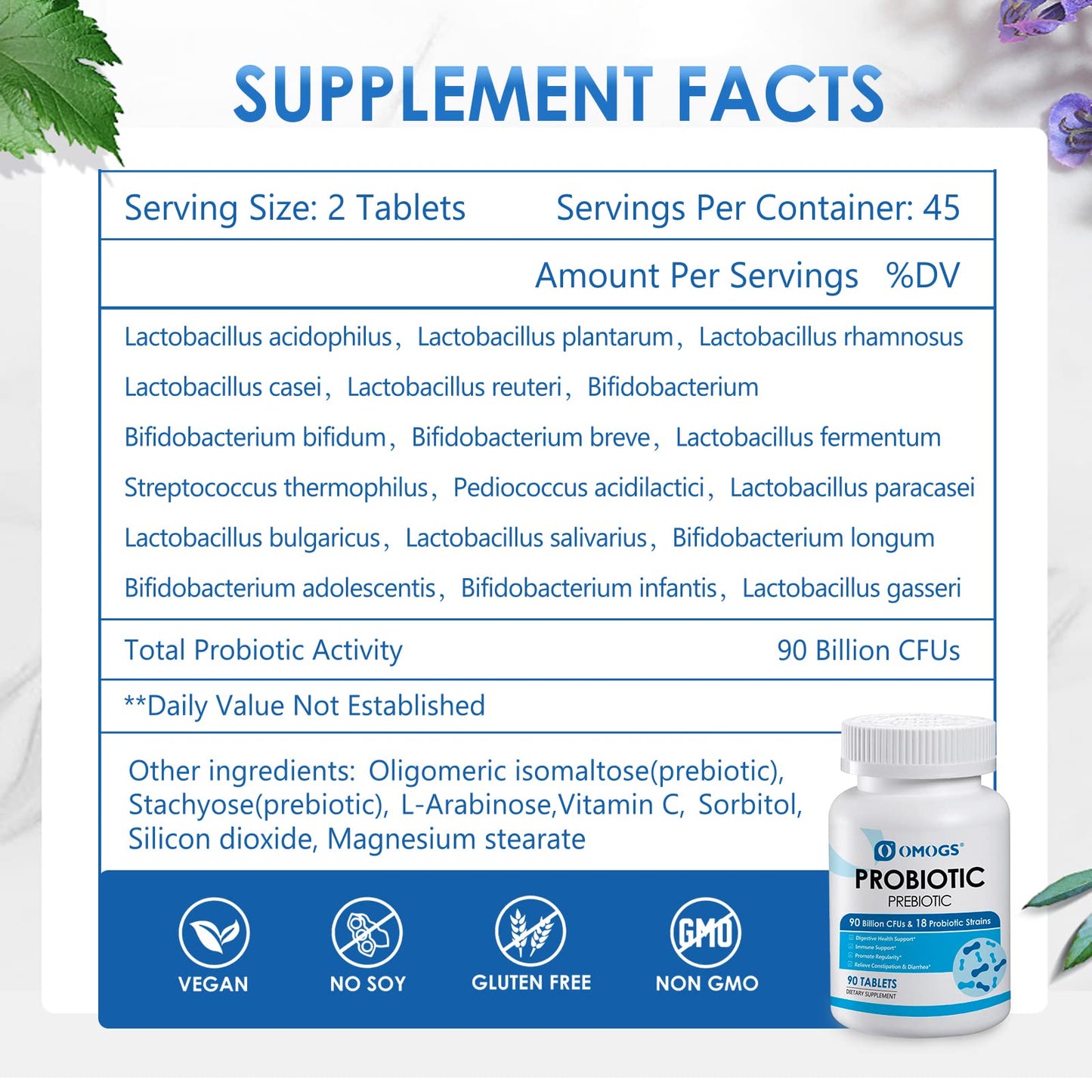 OMOGS Probiotics 90B CFUs – 18 Strains, 3 Organic Prebiotics & Vitamin C | 90 Tablets