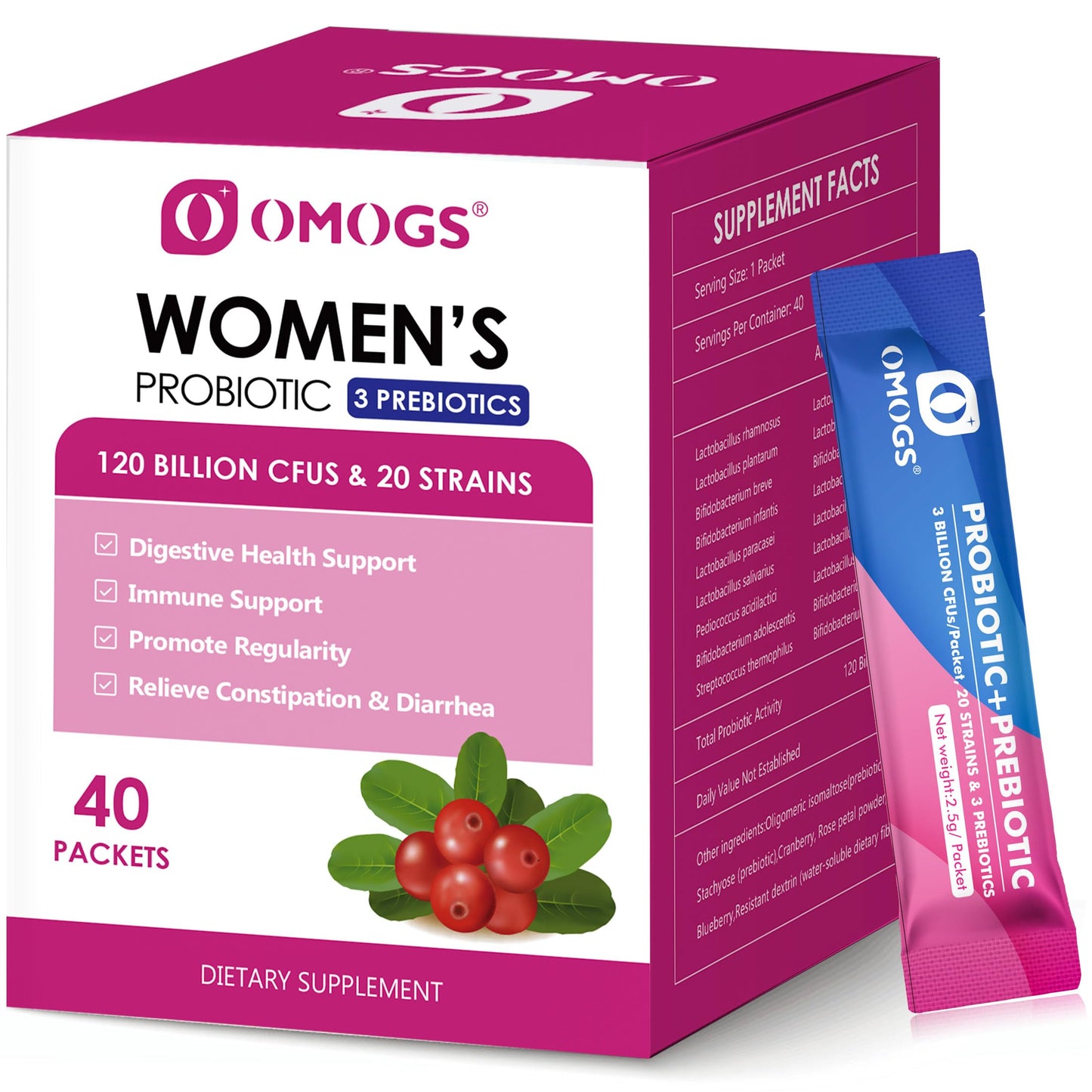 OMOGS Women's Probiotic – 120 Billion CFUs, 18 Strains, 3 Prebiotics & Cranberry Extract for Immune, Digestive, Gut and Vaginal Health