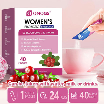 OMOGS Women's Probiotic – 120 Billion CFUs, 18 Strains, 3 Prebiotics & Cranberry Extract for Immune, Digestive, Gut and Vaginal Health