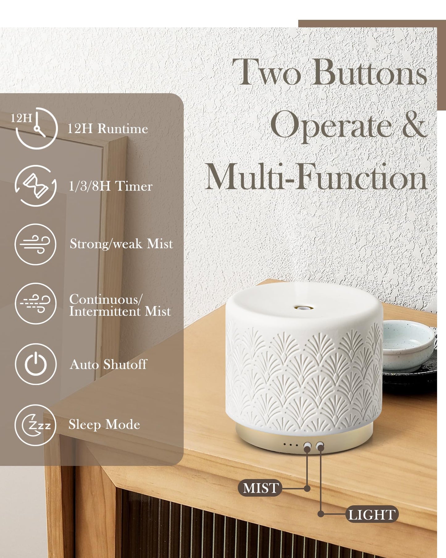 Onaboviva Ceramic 280ml Essential Oil Diffuser – Ultrasonic Aromatherapy & Night Light