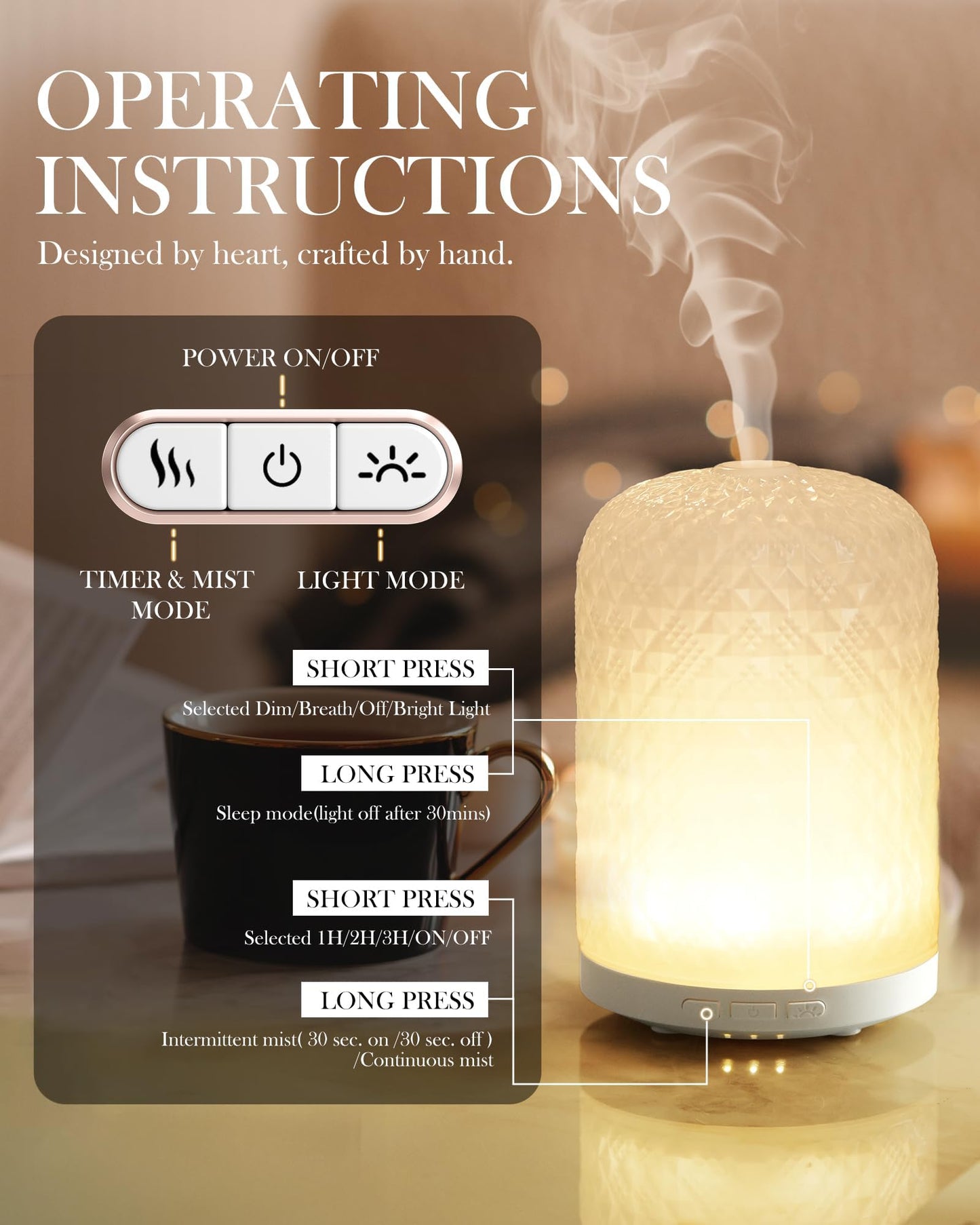 Onaboviva Essential Oil Diffuser – 2.4MHz Ultrasonic, 120ml Glass Diffuser, Auto Shut-Off, 3 Timers, BPA-Free, Home Office Spa