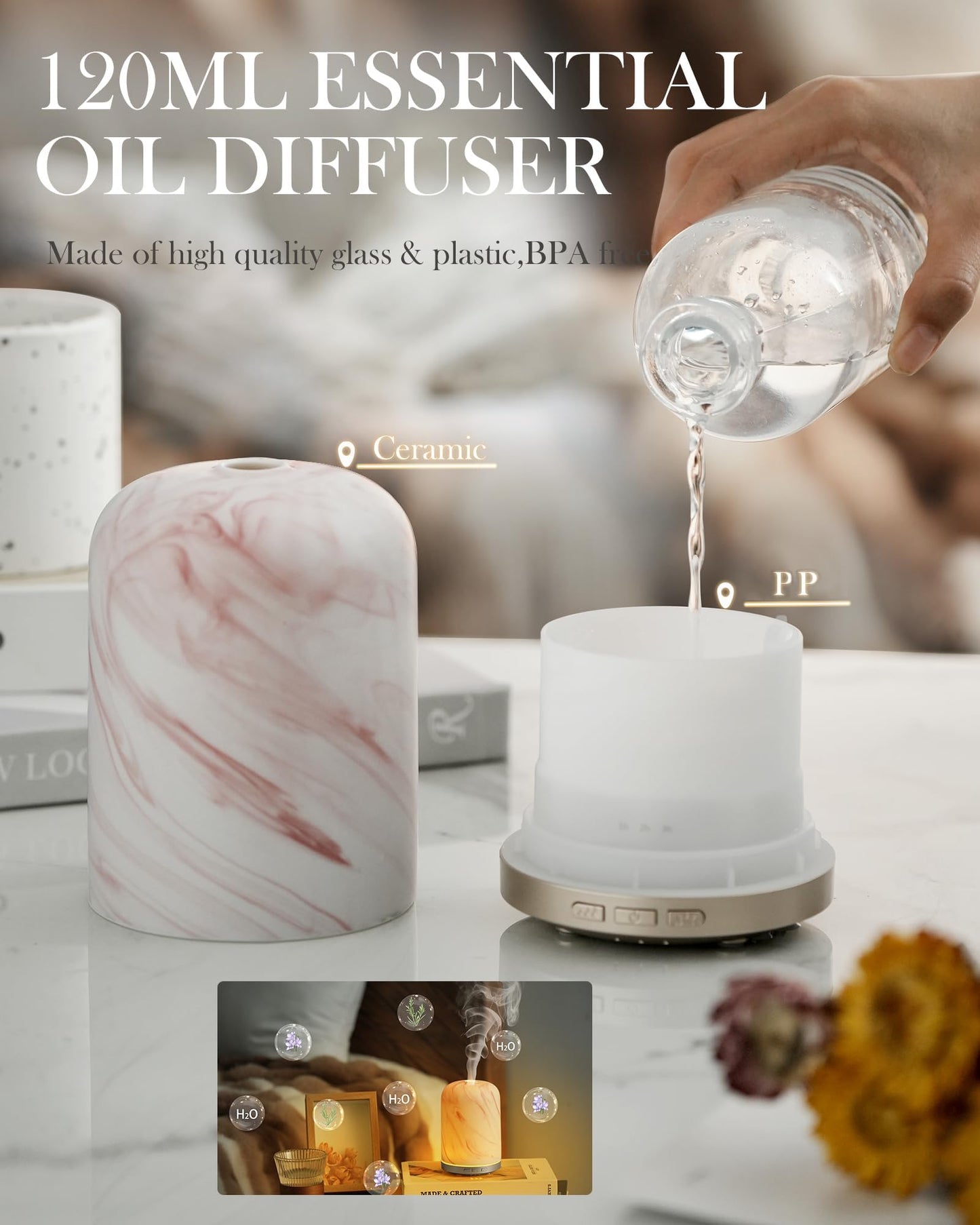 Onaboviva Essential Oil Diffuser – 2.4MHz Ultrasonic, 120ml, Auto Shut-Off, BPA-Free