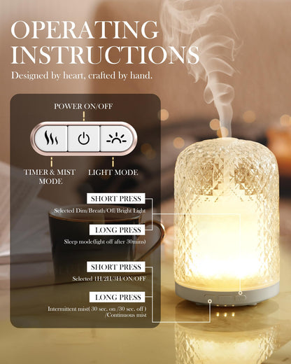 Onaboviva 120ml Glass Diffuser – Ultrasonic Aromatherapy, Auto Shut-Off